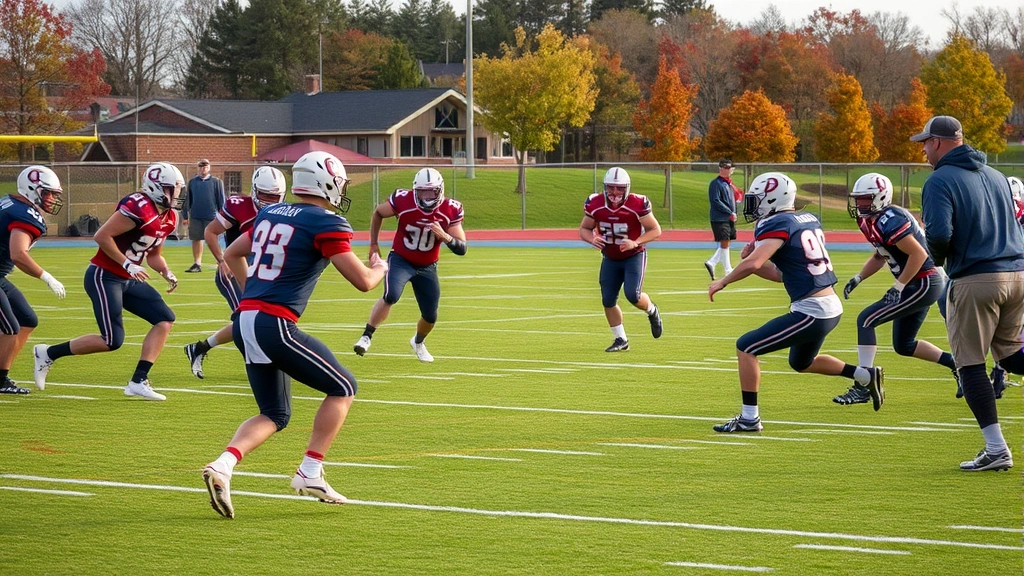 High school or college football team running RPO drill during practice, quarterback making read decision, running back and receivers in motion, coaching staff observing, autumn day lighting