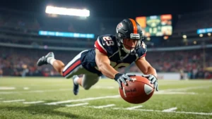 Athletic safety player in defensive stance making interception during live football game, diving horizontally with extended arms toward football, stadium lights illuminating the action, intense competitive moment