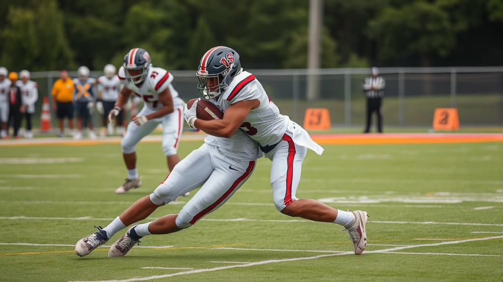 Safety executing open-field tackle technique with proper low pad level positioning, driving through running back with wrapped arms, demonstrating textbook tackling form during game situation