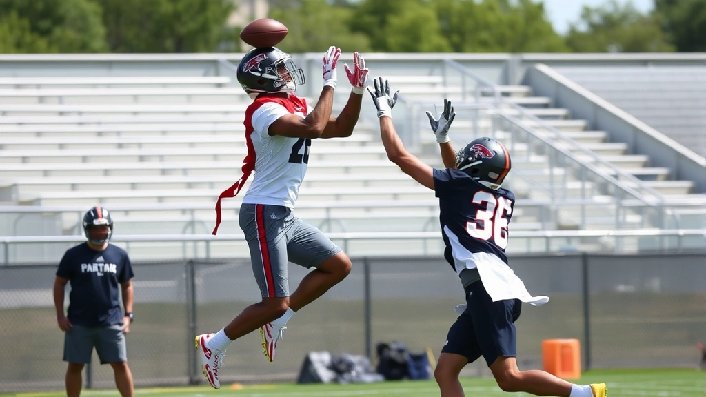 Safety performing vertical leap drill during practice, jumping explosively to contest catch against receiver, demonstrating athletic ability and ball skills development, training field environment