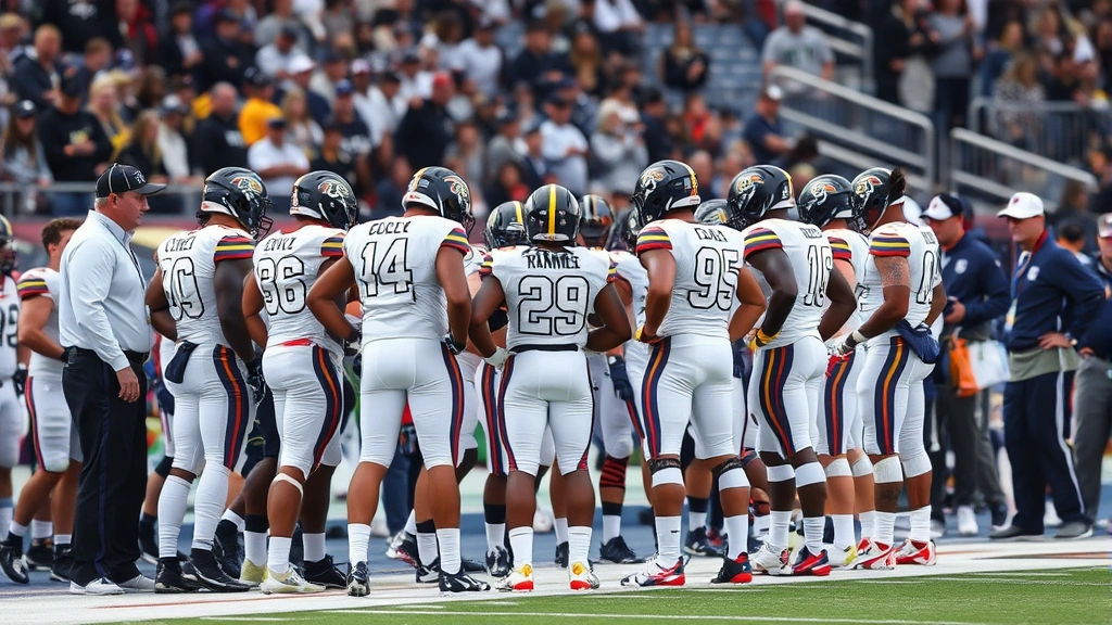 Athletic team huddled together reviewing game strategy on sideline during timeout with coaching staff visible