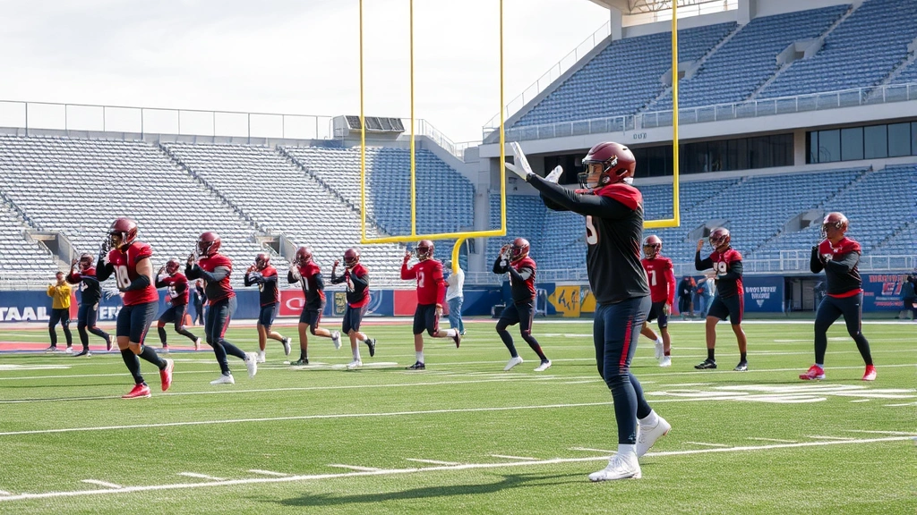Football players stretching and warming up on field before game with professional stadium facilities and goal posts visible