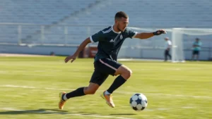 Professional football player performing explosive lateral cut movement on grass field during daytime practice, athletic intensity, dynamic motion blur effect