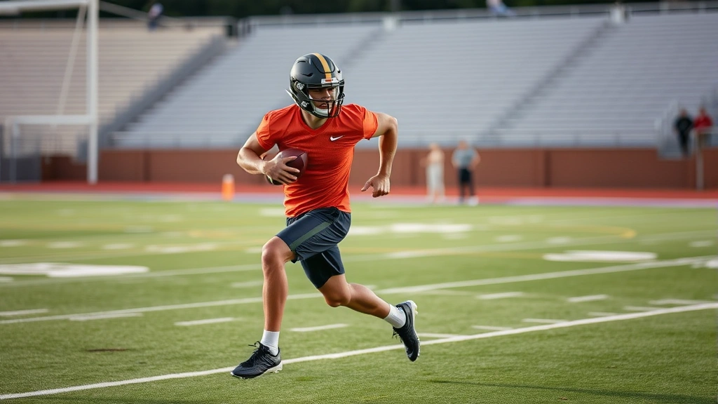 Football athlete sprinting at maximum velocity during conditioning drill on practice field with professional lighting and clear athletic form demonstration