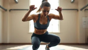 Athletic woman performing burpees in bright gym with natural lighting, sweat visible, intense facial expression, dynamic movement mid-jump, professional fitness photography