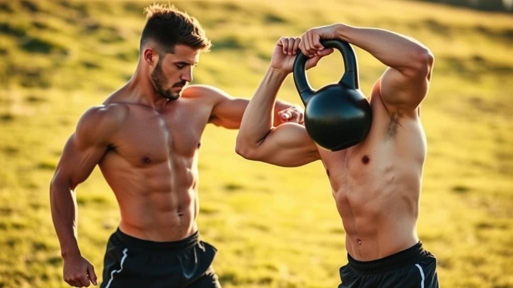 Male athlete doing kettlebell swings outdoors in morning sunlight, muscular physique, explosive movement, grass field background, motivational workout scene