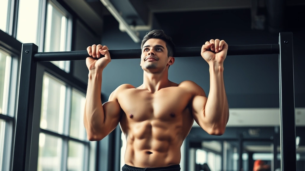 Fit person completing pull-ups on horizontal bar in modern gym, core engaged, controlled movement, determination in expression, professional sports photography style