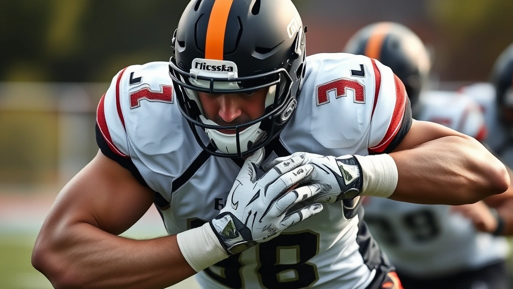Professional football player wearing modern lightweight shoulder pads during intense tackling drill, dynamic action shot showing protective equipment in contact sport environment