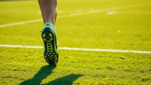 Professional football player wearing vibrant neon and black high-performance cleats during explosive cutting movement on pristine grass field, dynamic action shot, photorealistic