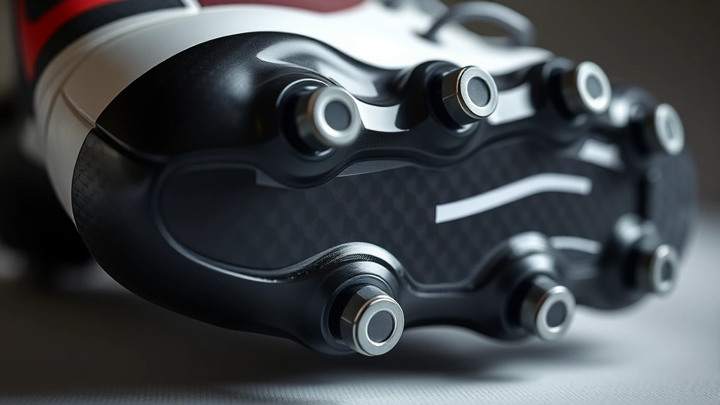 Close-up detail of advanced football cleat sole showing innovative stud technology and carbon-fiber construction, premium materials visible, professional product photography
