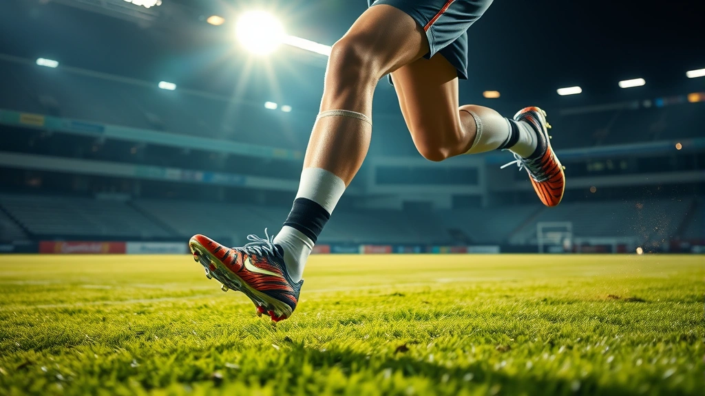 Elite athlete performing high-speed lateral sprint in premium football cleats on natural grass, motion blur indicating explosive acceleration, dramatic stadium lighting