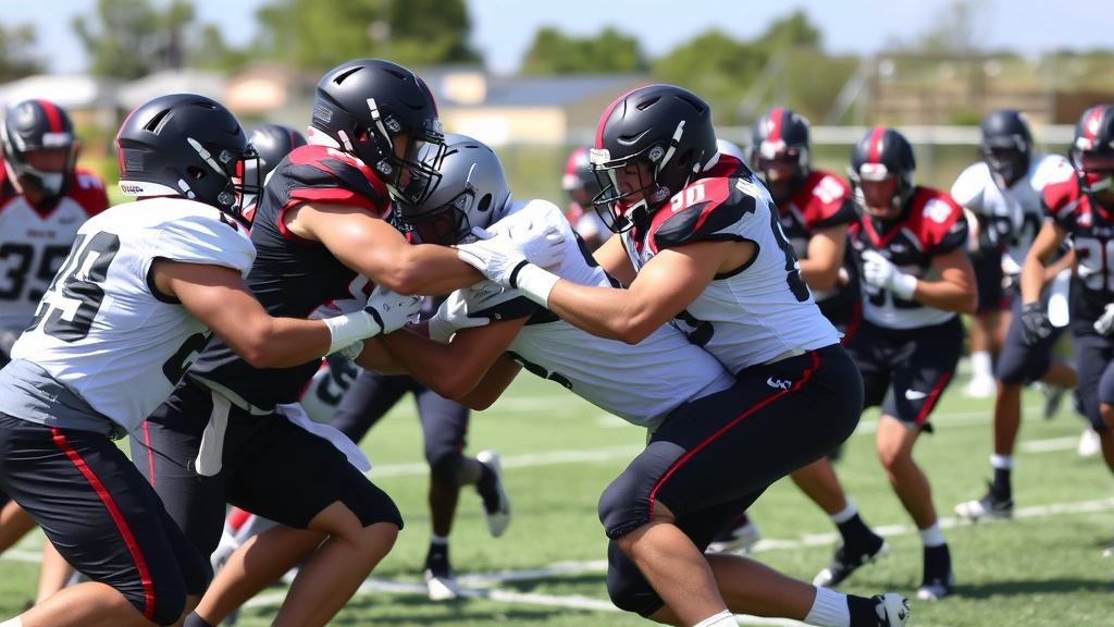 Defensive football players executing tackling drill during intense practice, multiple athletes in protective gear demonstrating proper form, concentrated effort, daytime outdoor field, competitive training atmosphere