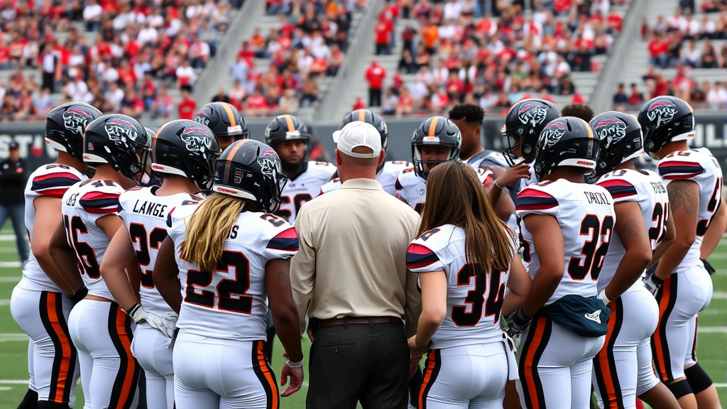 College football team huddle showing diverse athletes in full uniform gathered around coaching staff member, motivational team moment, field stadium background, professional athletic environment, leadership demonstration