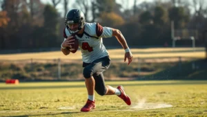 Professional football player performing explosive sprint training on grass field, intense focus expression, athletic wear, morning sunlight, dynamic motion capture