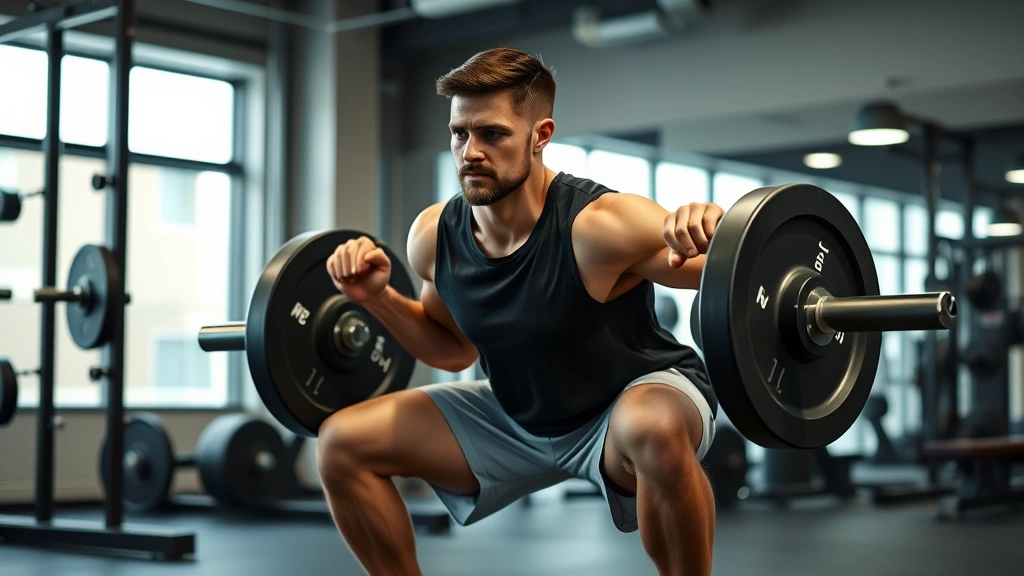 Strength training session showing athlete performing compound squat movement with proper form, spotters nearby, modern gym facility, focused determination