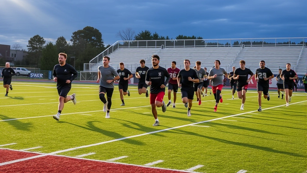 Team conditioning drill with multiple athletes running high-intensity intervals on football field, exhaustion visible, coaching staff supervising, competitive energy, late afternoon lighting