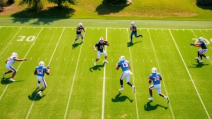 College football players executing precise passing drills in organized formation on grass field, quarterback with clear throwing mechanics, receivers running crisp routes, bright daylight, no text