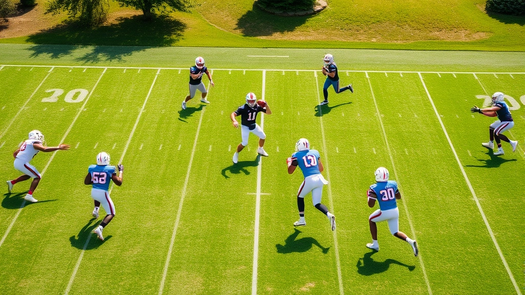 College football players executing precise passing drills in organized formation on grass field, quarterback with clear throwing mechanics, receivers running crisp routes, bright daylight, no text