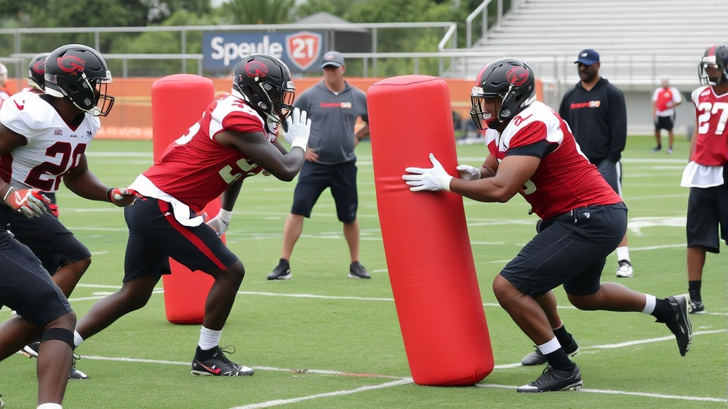 Defensive backs and linebackers practicing tackling technique against padded dummies with proper form emphasis, athletic field setting, coaches observing, professional training environment, no labels