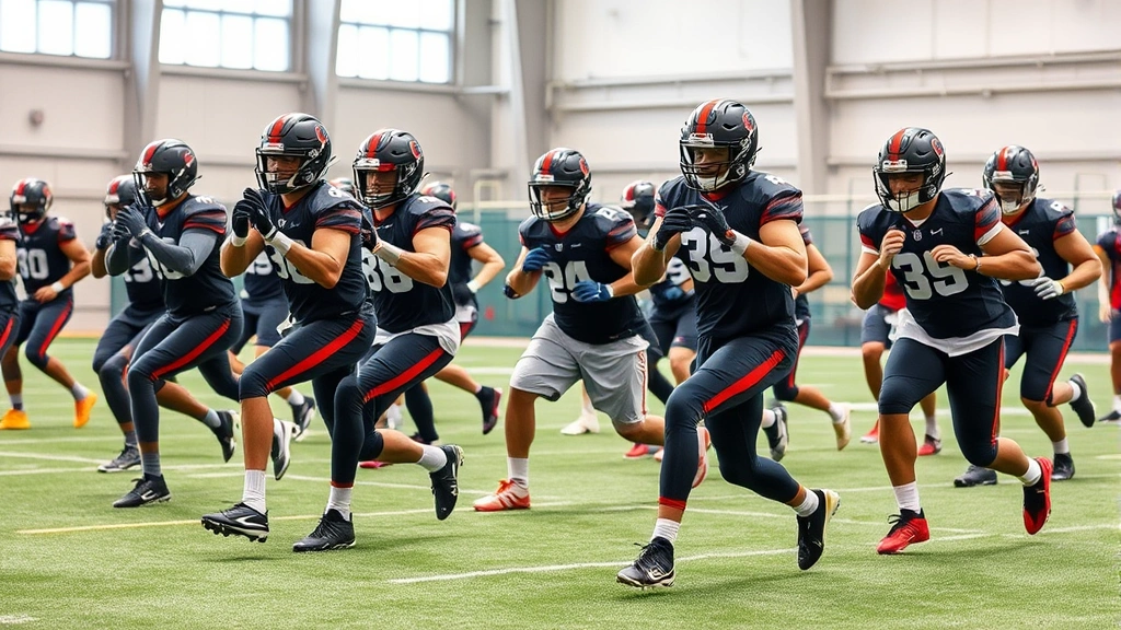 Football team in full gear conducting high-intensity conditioning drill with explosive movement, players in athletic positions showing power and speed, modern football facility background, dynamic action shot
