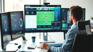 Professional fantasy football manager analyzing player statistics and matchup data on computer screen, modern home office setting with multiple monitors showing sports data visualizations