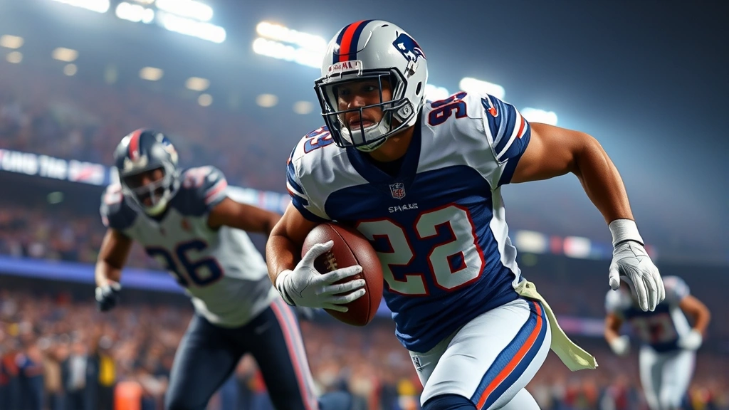 Close-up of NFL player in action during game, running with football past defensive player, stadium lights and crowd visible in background, dynamic athletic movement