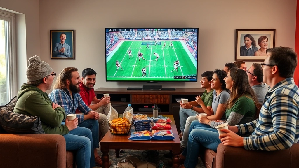 Group of diverse fantasy football players watching game together on large television, living room setting with snacks and fantasy football league materials visible, excited expressions