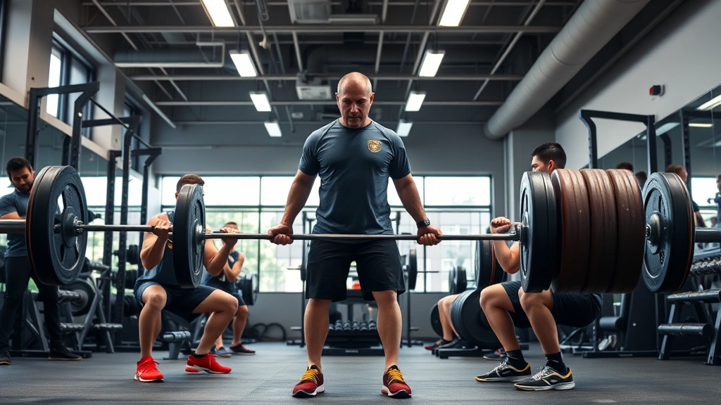 Strength and conditioning coach supervising athletes performing heavy barbell squats in modern college weight room, with athletes demonstrating proper form and explosive power development
