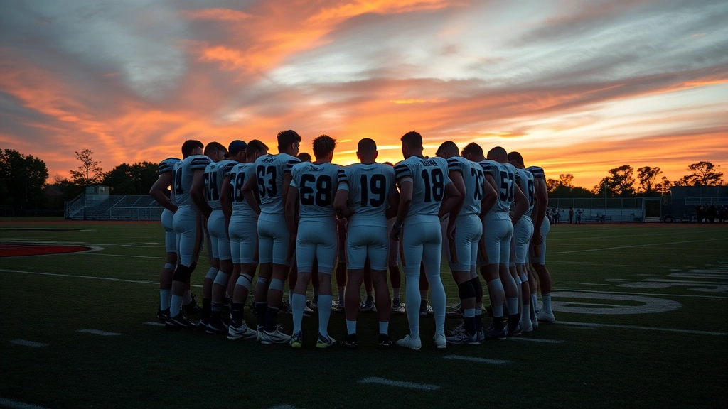 Football team gathered in huddle formation on field at sunset, showing unified team chemistry and leadership culture with players mentally focused and emotionally connected