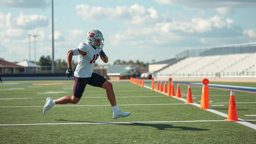 College football athlete executing lateral agility drill through cones at high speed showing athletic cutting ability