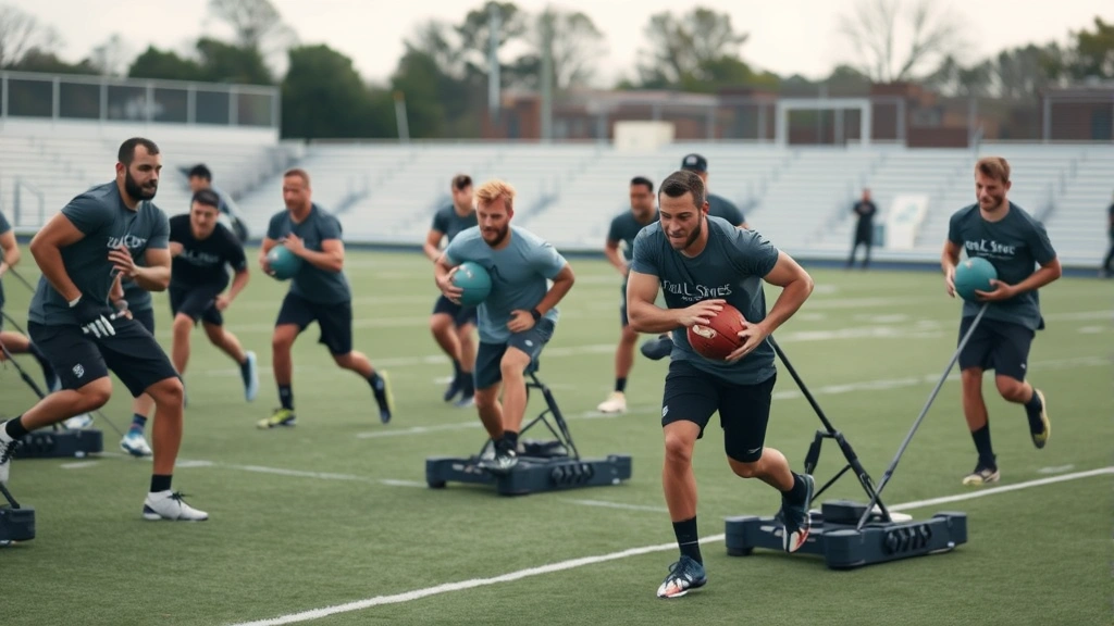 Football team performing group conditioning circuit with medicine balls and sled pushes demonstrating metabolic training