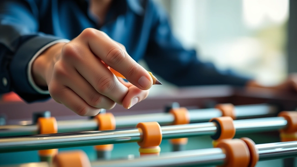 Close-up of hands demonstrating proper pencil grip on foosball table rod, intense focus on finger positioning and wrist angle, professional player executing technique