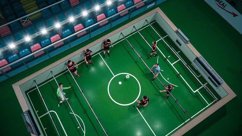 Aerial view of competitive foosball match in progress, players concentrating on defensive wall formation, ball in motion, stadium lighting, dynamic action shot