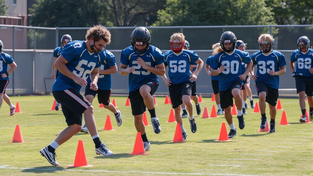 A diverse group of high school football players performing dynamic agility drills on a grass field during practice, executing cone drills and ladder footwork exercises, showing athletic movement and concentration