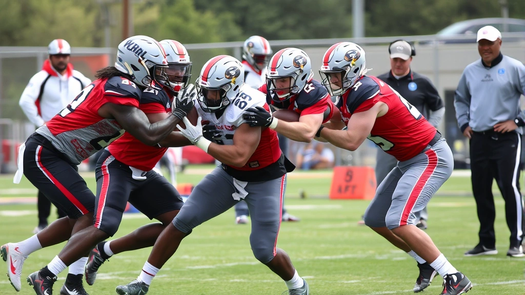 Professional football players in full protective gear executing proper tackling technique with perfect form, demonstrating safe shoulder contact and body positioning during a controlled practice drill, with coaching staff observing