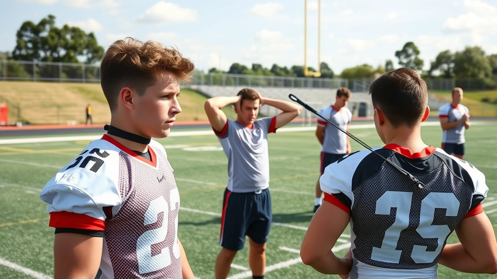 Young athletes in football uniforms performing neck strengthening exercises and mobility work on a training field, demonstrating injury prevention training with resistance bands and functional movement patterns