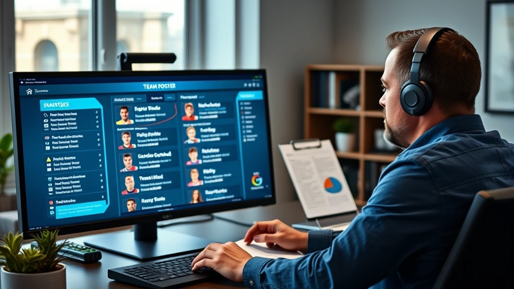 Confident fantasy football manager reviewing team roster on digital display, modern home setup, strategic planning documents visible, professional lighting, detailed realistic image