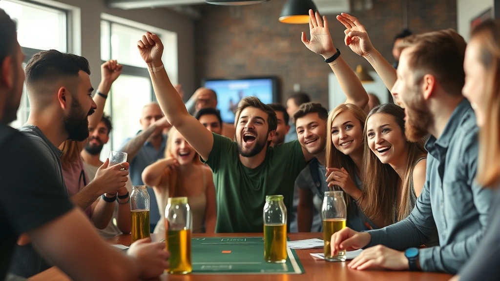 Victory celebration moment at fantasy football draft party, diverse group of friends engaging with excitement, casual competitive atmosphere, natural indoor lighting, photorealistic candid photography