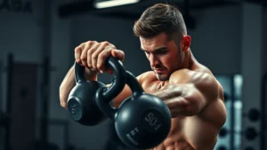 Athlete performing explosive kettlebell swing in modern gym with dramatic lighting, sweat visible, intense focus expression, professional photography