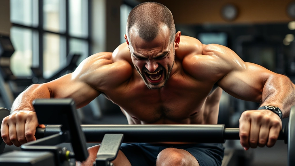 Muscular person finishing intense rowing machine sprint session, chest heaving, gym environment, sweat on skin, determination and exhaustion expression, professional sports photography