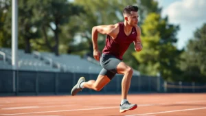 Athletic male sprinter in explosive running motion on outdoor track, maximum effort captured mid-stride, muscular definition visible, natural daylight, photorealistic sports photography