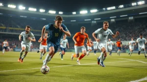 Professional football players in action during intense match, showcasing athletic movement, explosive sprinting, and dynamic body positioning on grass field under stadium lights, high-quality sports photography