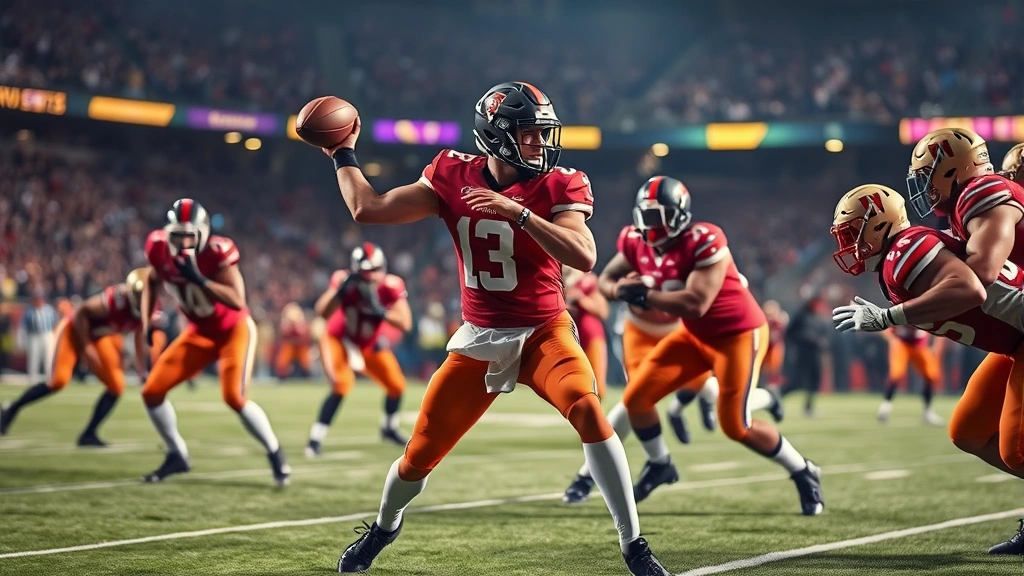 Professional football players executing offensive play with quarterback throwing downfield, stadium lights illuminating intense athletic action, muscular athletes in formation demonstrating peak conditioning and competitive focus