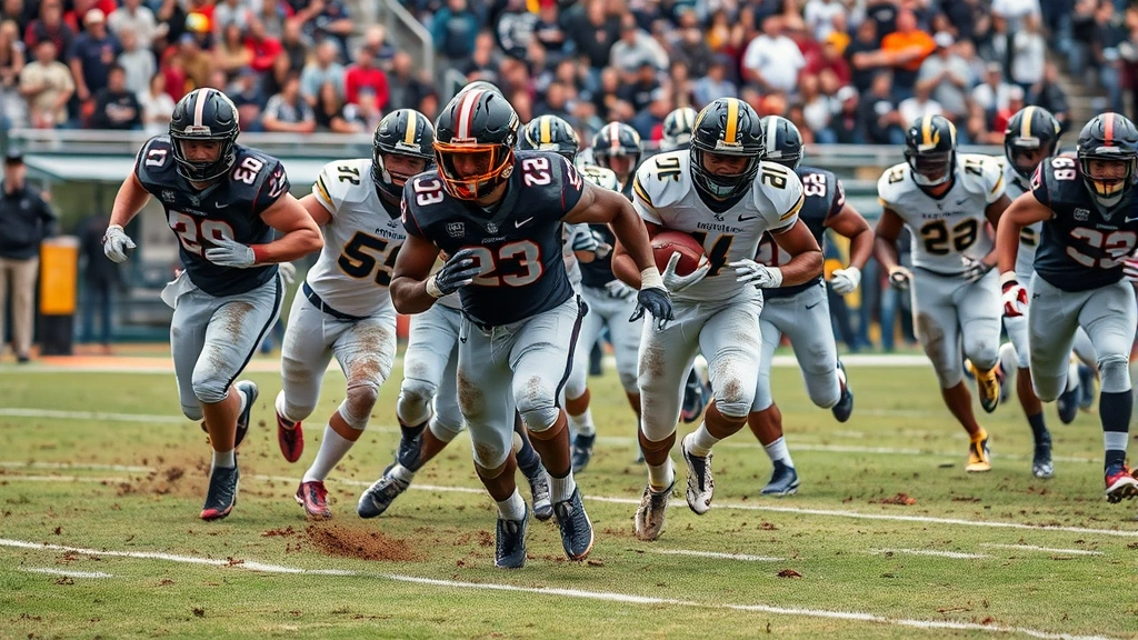 Defensive football players pursuing ball carrier downfield with aggressive intensity, multiple athletes converging on running back, demonstrating gap control and pursuit angles, muddy field and stadium crowd visible