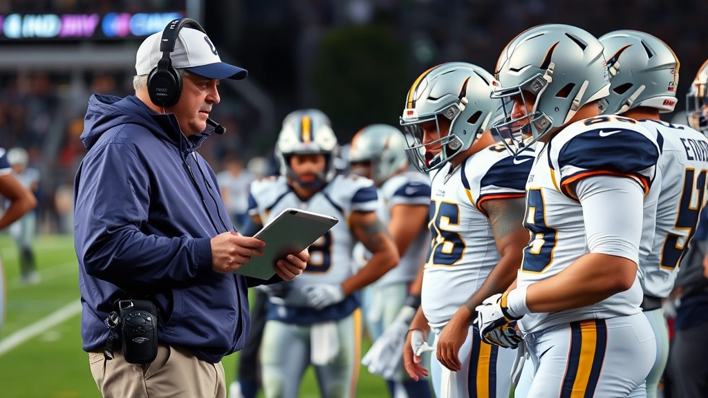 Football coaches analyzing game statistics on sideline tablet while players rest between drives, showing tactical adjustment and strategic planning, intense concentration and leadership during crucial moments of competitive match