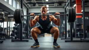 Professional football player performing explosive barbell squat with perfect form in modern strength training facility, muscular athlete driving through legs with intense focus