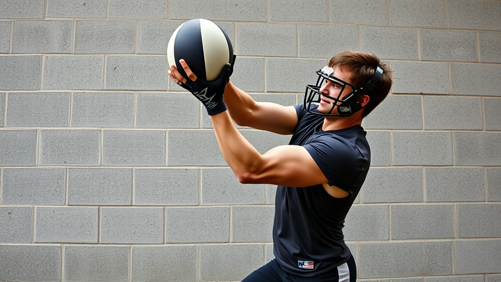 College football athlete executing powerful medicine ball rotational throw against wall, dynamic rotational core movement showing athletic explosive power and control