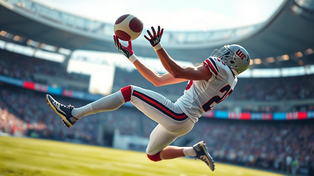 Professional football player in game uniform catching ball mid-air, stadium background blurred, dynamic athletic action shot, photorealistic sports photography