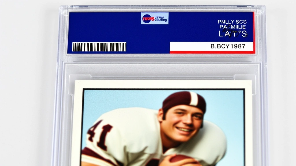 Close-up of vintage Topps football trading card in protective graded holder, showing crisp card details and professional grading label, neutral background, sharp focus