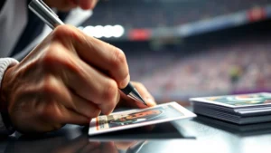 Professional football player signing trading cards during official Topps authentication session, close-up of hand holding pen over card, stadium background slightly blurred